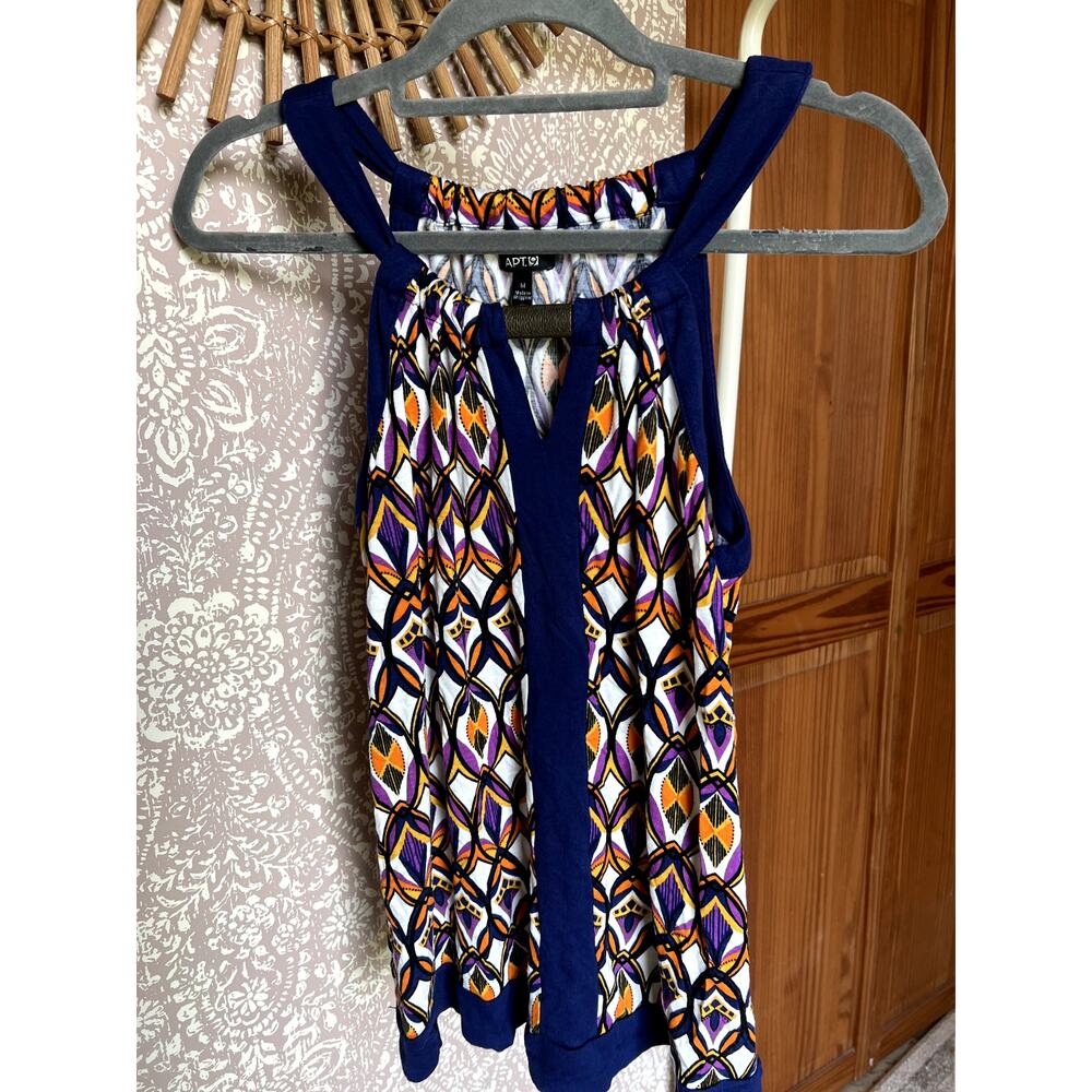 Apt 9 Bold Retro Boho Blue Orange Swing Tank Blouse with Metallic Charm